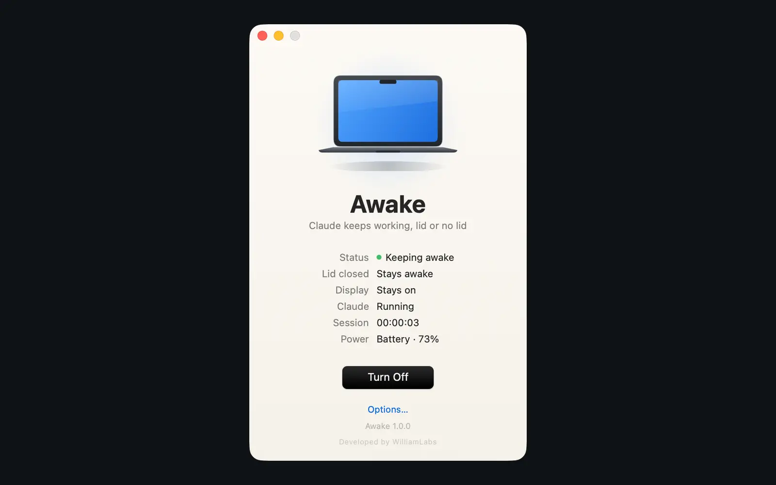 The Awake window, showing status, lid and display assertions, and whether Claude Desktop is running.