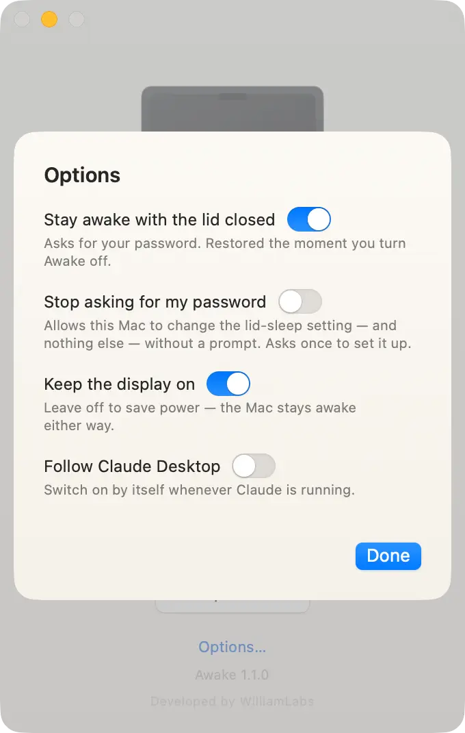 The options panel, including the optional lid closed and follow Claude Desktop switches.