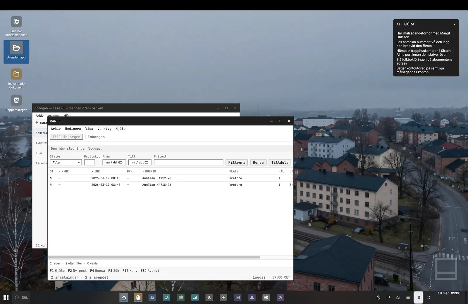 Several overlapping case windows on a simulated police desktop, over an aerial photo of a Swedish town.